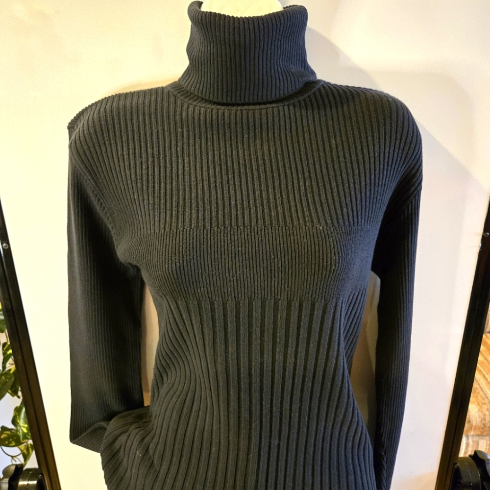 Gotham Horizontal Band Long Sleeve Black Ribbed Knit Turtleneck Sweater Size L
